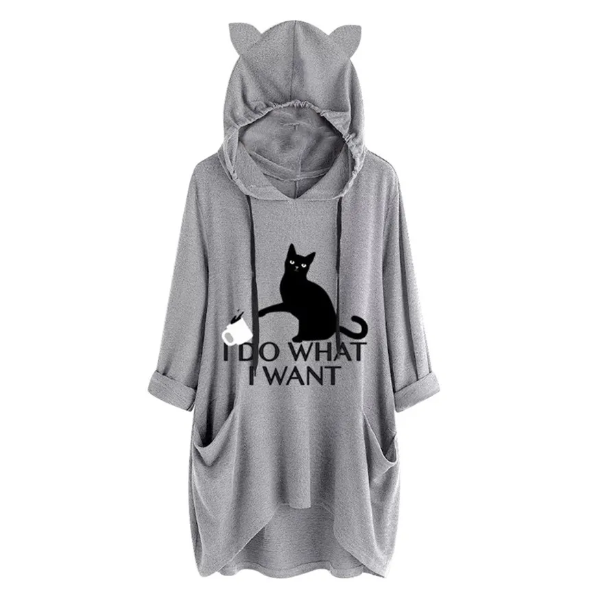 

SAGACE Women Clothes 2019 Casual Print Cat Ear Hooded Long Sleeves Pocket Irregular Top T Shirt Women Summer Print Big Size *7