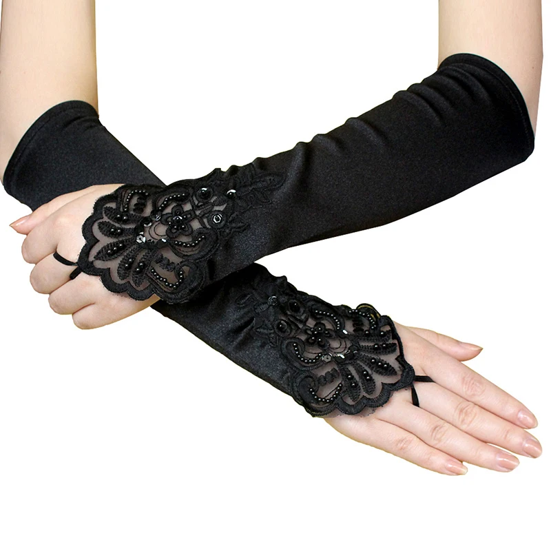 1 пара, дизайн, женские перчатки до локтя, сексуальные черные длинные атласные перчатки без пальцев для девушек, перчатки для рук ZY9007