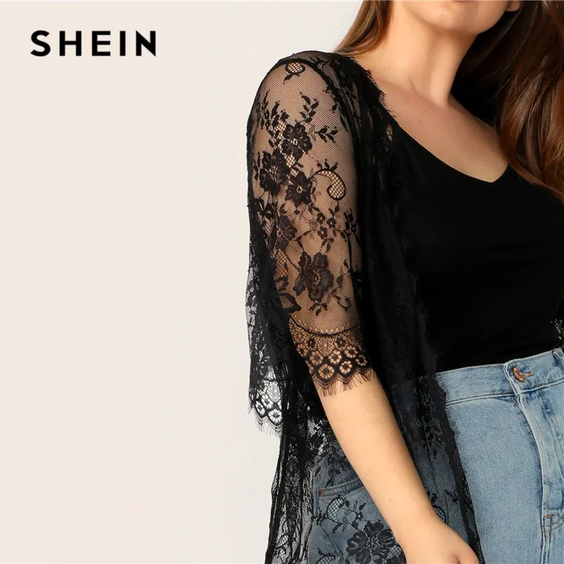 SHEIN Plus Size Black Sheer Eyelash Lace Kimono With Tassel Belt Women Summer Boho Half Sleeve Longline Contrast Lace Kimonos SHEIN Plus Size Black Sheer Eyelash Lace Kimono With Tassel Belt Women Summer Boho Half Sleeve Longline Contrast Lace Kimonos