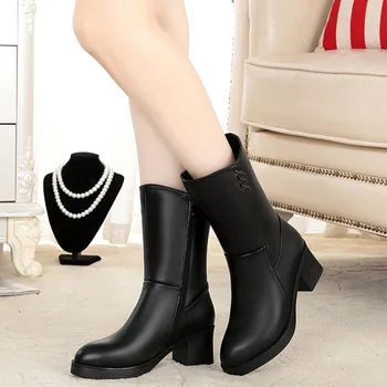 

Winter New European & American Women's Martin Boots Concise Thick Mid Heel Non-Slip Warm Boots Middle-Aged Mother's Boots Female