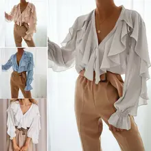 Ladies Women Chiffon V Neck Button Up Long Sleeve Loose Blouse Shirt Tops New S-XL Ladies Women Chiffon V Neck Button Up Long Sleeve Loose Blouse Shirt Tops New S-XL