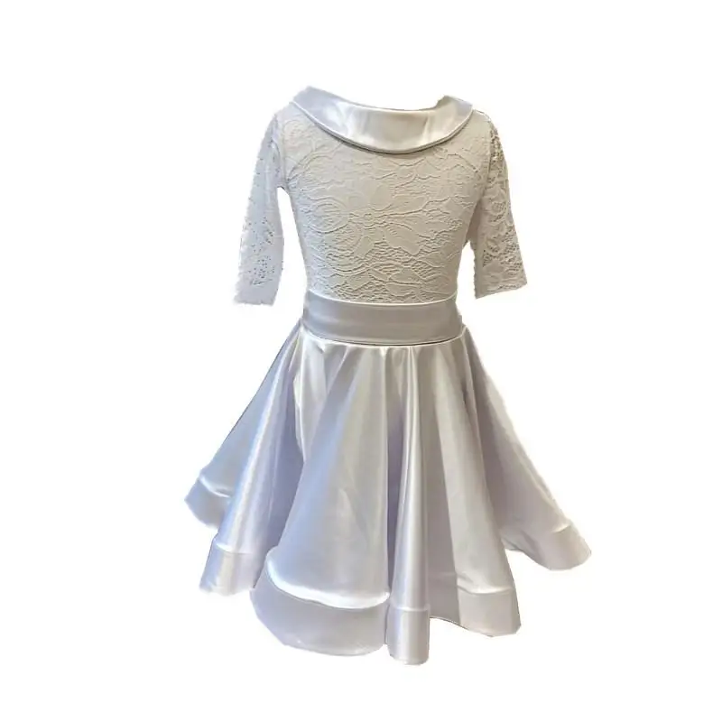 Платье для латинских танцев для девочек; элегантное белое кружевное платье для бальных танцев; детские костюмы для сцены; танцевальная одежда для девочек - Цвет: Белый