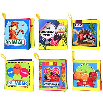 

6pcs Baby Colored Cartoon Soft Rustle Sound Fabric Cloth Book Car Sea Animal Number Fruit Vegetable Learning Cognition Book Toy