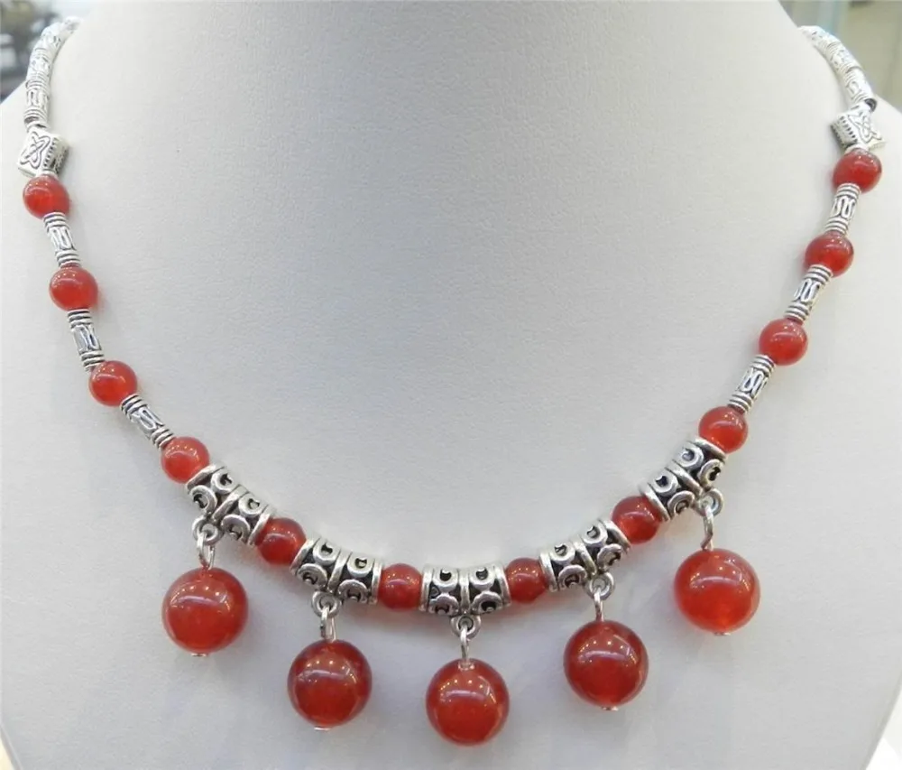 

2019 Hot Tibet silver/Red Chalcedony Round Beads Pendants Necklace Girl Fashion Jewelry Rope Chain Necklace Natural Stone 18inch