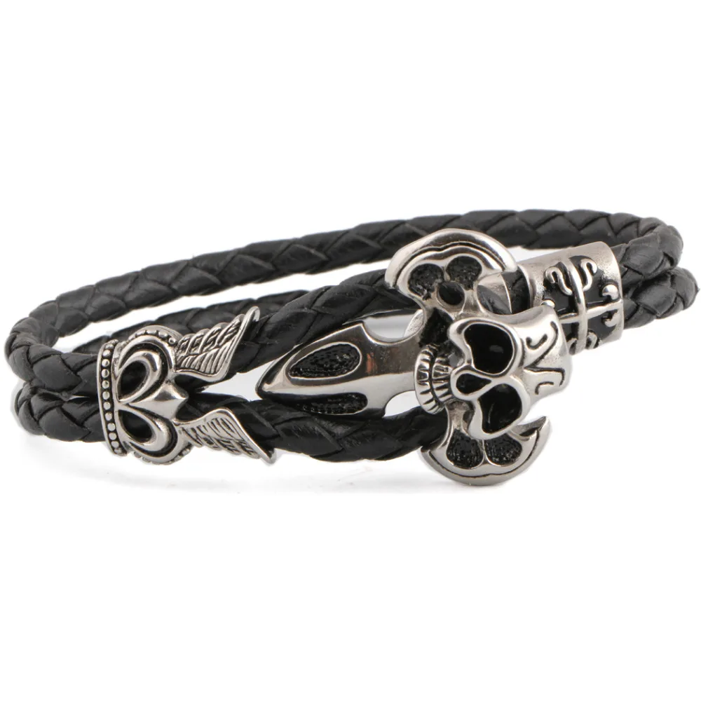 

Wholesale Braided Genuine Leather Punk Rock Skull Head Bracelet Bangle Wristband For Man men Gift