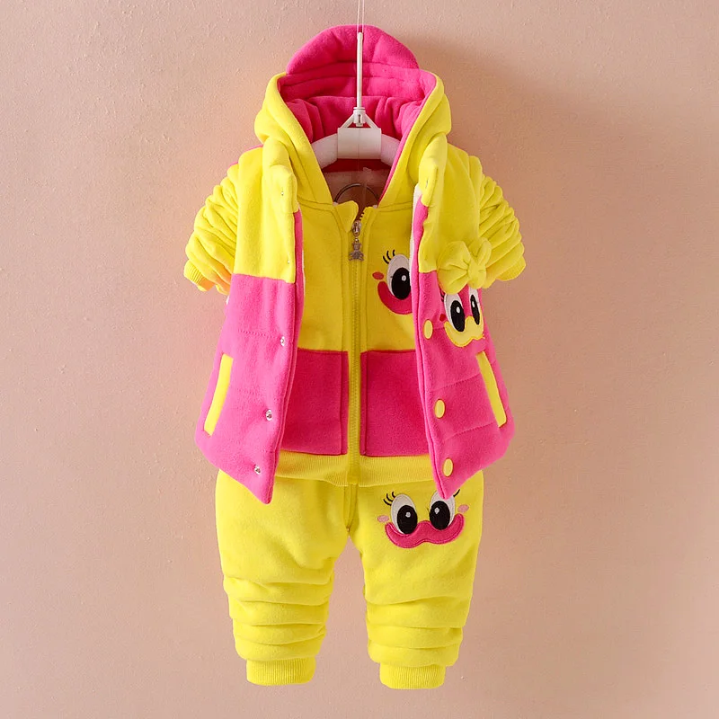 Комплект одежды для девочек, зимний теплый жилет+ пальто+ штаны, костюм модный костюм с героями мультфильмов одежда для маленьких девочек от 0 до 3 лет