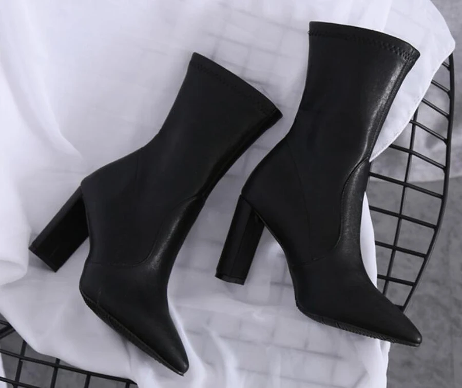 Deification/ботильоны из эластичной ткани с острым носком; zapatos mujer; ботинки «Челси» на квадратном каблуке; женские кожаные ботинки для верховой езды без застежки