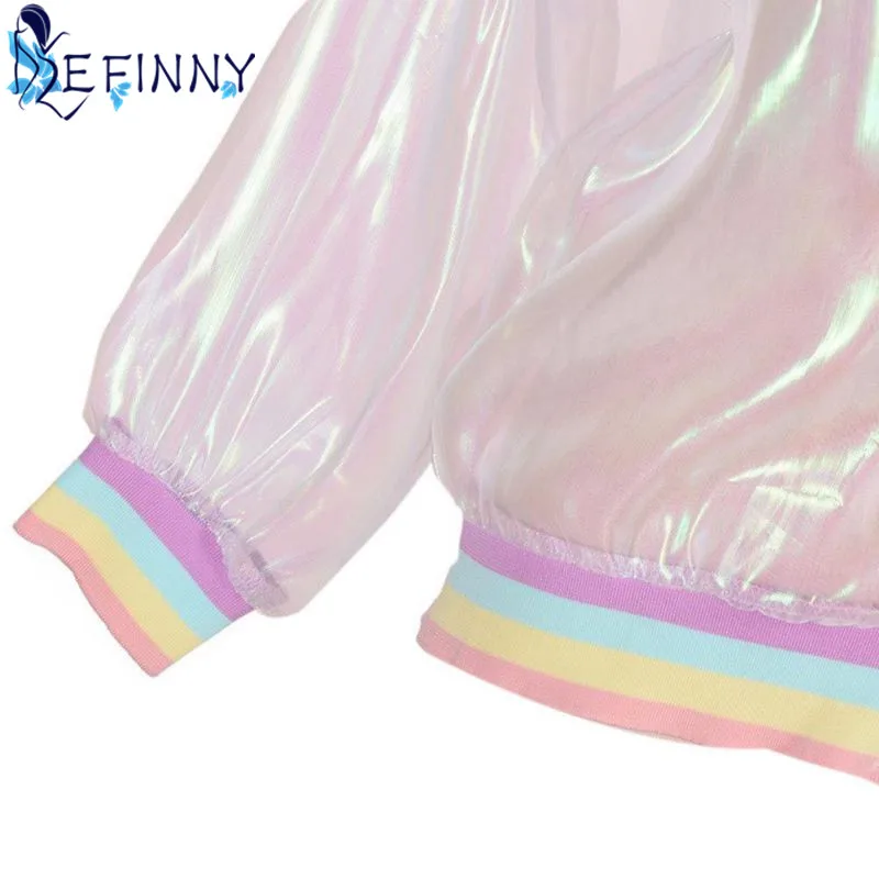 2018 Women Jacket Sunscreen Laser Rainbow Symphony Hologram Light Girl Coat Iridescent Transparent Bomber Jacket Sunproof 2018 Women Jacket Sunscreen Laser Rainbow Symphony Hologram Light Girl Coat Iridescent Transparent Bomber Jacket Sunproof