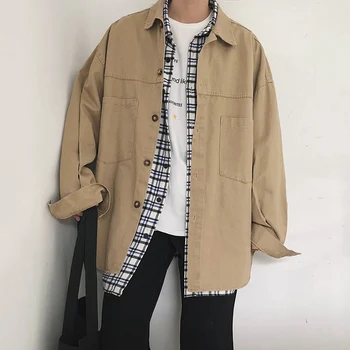 

Autumn New Men's Fashion Personality Solid Color Youth Casual Temperament Loose Pop Cotton Wild Lapel Long-sleeved Shirt