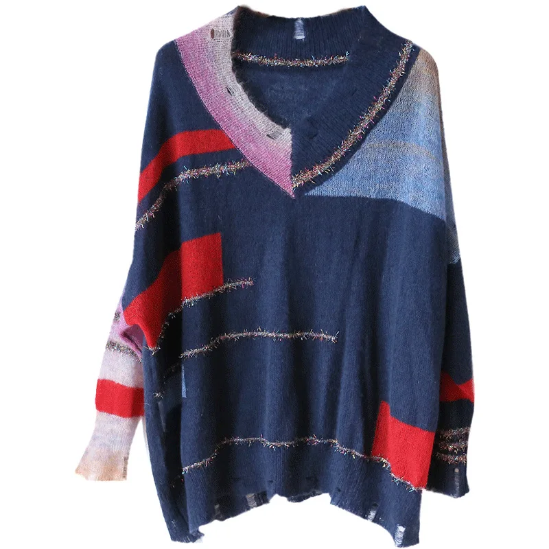 V Neck Loose Sweaters 2018 New Korean Plus Size Patchwork Knitting Pullovers Full Sleeve Casual Shining Knitwear V Neck Loose Sweaters 2018 New Korean Plus Size Patchwork Knitting Pullovers Full Sleeve Casual Shining Knitwear