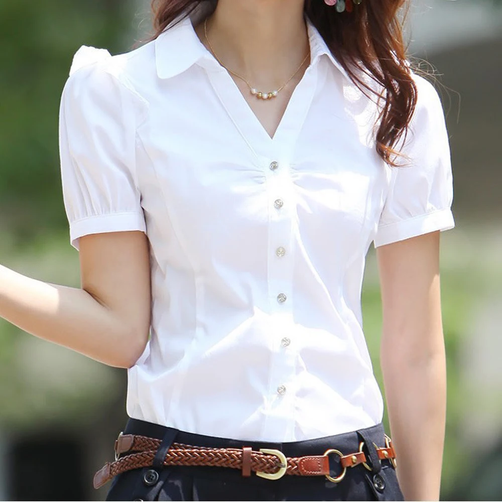 2019 Summer Women's Short Sleeve Cotton Blouses Shirts Plus Size Ladies Officewear Elegant Blouse Feminina White Formal Shirt