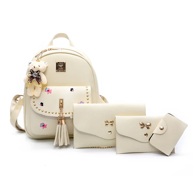 Women Fashion Leather Tassel 4pcs Set Composite Backpack School Bags for Teenager Girls Lady Travel Backpacks