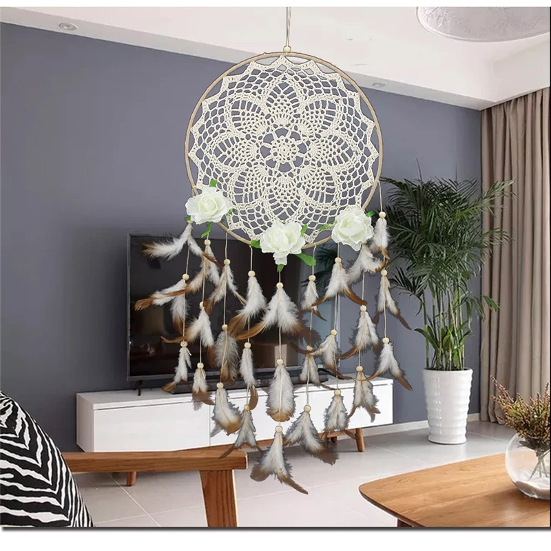Decoración del hogar artesanía anillo de Metal grande redondo círculo DIY pluma hecha a mano indio rústico colgante ropa de cama atrapasueños