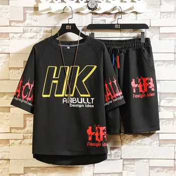 

Men Summer Loose Sets T-shirts+Shorts 2 pieces Sweatsuit Hip Hop Streetwear Casual Sets High Quality Men Cotton Short Sets
