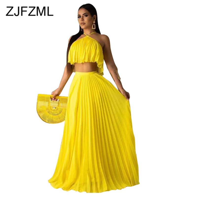 Neon Yellow Chiffon 2 Piece Matching Sets Women Festival Clothing Off ...