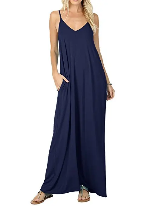 Women Casual Maxi Dresses Long Dresses Loose Sleeveless Pocket Spaghetti Strap O Neck Soild Colors Sexy Summer Beach vestidos Dresses