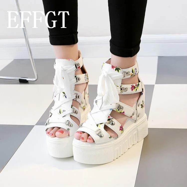 

EFFGT Women Sandals High Heel Casual Ethnic Flower Floral Open Toe wedges Platform Height Increasing Chunky Ladies Shoes C111