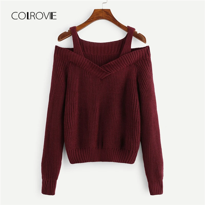 COLROVIE бордовый вязаный Повседневный свитер с открытыми плечами и длинным рукавом для женщин,, уличная одежда, пуловеры, зимний джемпер, свитера