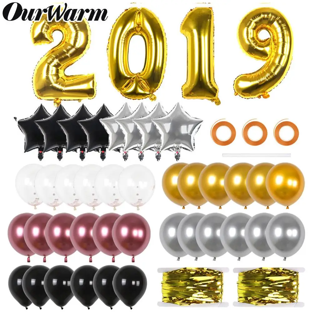 

OurWarm 45Pcs Birthday Party Decorations Set Black Gold Latex Balloons Foil Tinsel Fringe Curtain 2019 Graduation Balloons