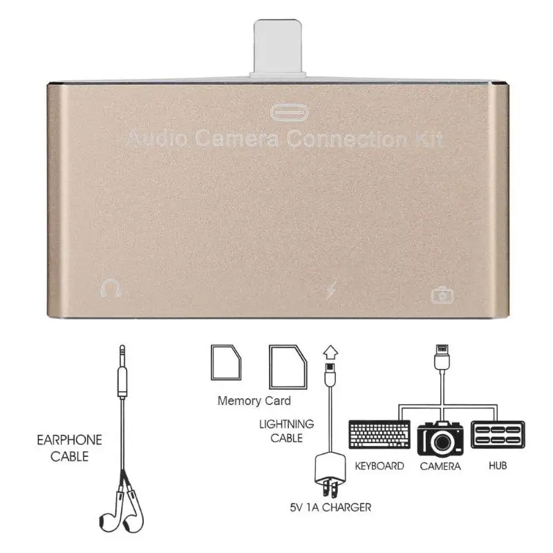 

5 in 1 Micro USB Card Reader 3.5mm Audio TF for SD Card 8 Pin Power Port USB 2.0 HUB Splitter for iPhone iPad High Quality Tool