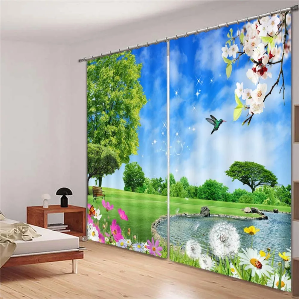 

Pastoral scenery grass flowers stream 3D Curtains For Bedroom Kids Living Room Drapes Fabric Polyester Set with Hooks