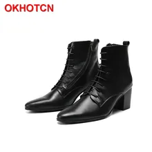 Острый носок высокие вершины зимние сапоги черного цвета на высоком каблуке мужские Ботильоны Повседневное из натуральной кожи мужские ботинки на шнуровке ковбойские рыцарские сапоги