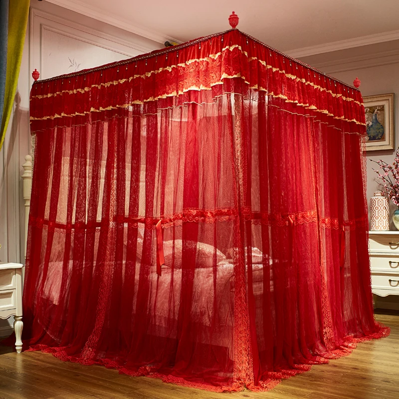Красная Москитная сетка принцесса кружево четыре угла Свадебный навес кровать москитная сетка для полного королева король кровать Прямая