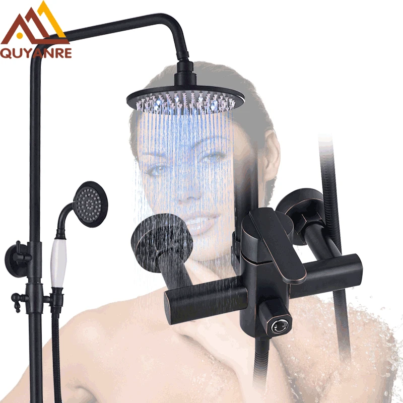 Quyanre Shower Set Faucets Black ORB LED Changing Rainfall Shower Head