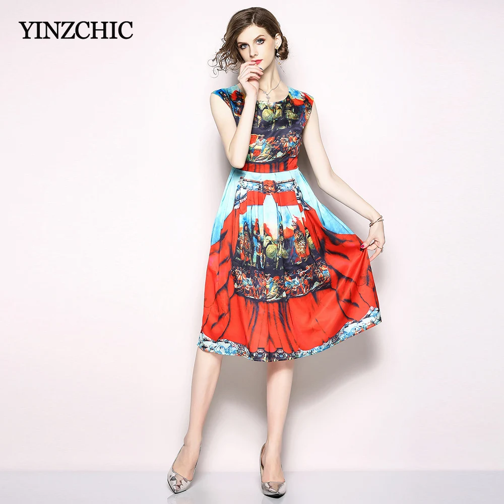 

New Womans Vintage Mid Dress O-neck Female Causal Summer Dresses Sleeveless Printed Dress Star Style Ladies Casual Dresses