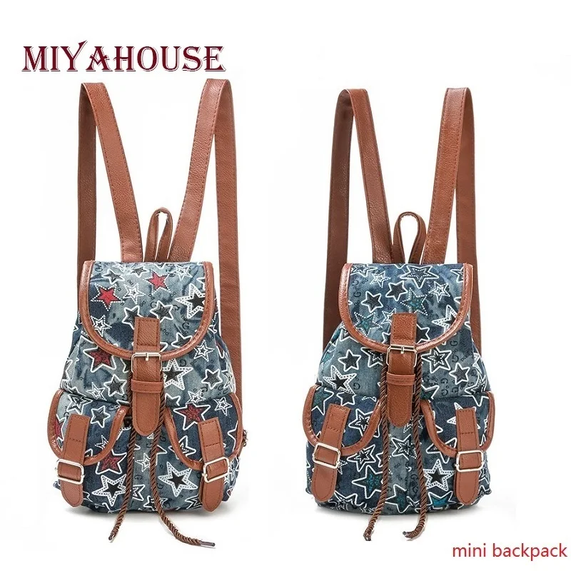 Miyahouse Fashion Mini Star Printed Denim Backpack Girls Small Drawstring Design Jeans Backpack For Children Lady Rucksack