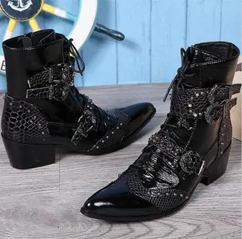 

2018 Spring Black Pointed Toe Chunky High Heels Mens Ankle Boots Snake Pattern Lace Up Botas Militares Rivets Buckle Men Shoes