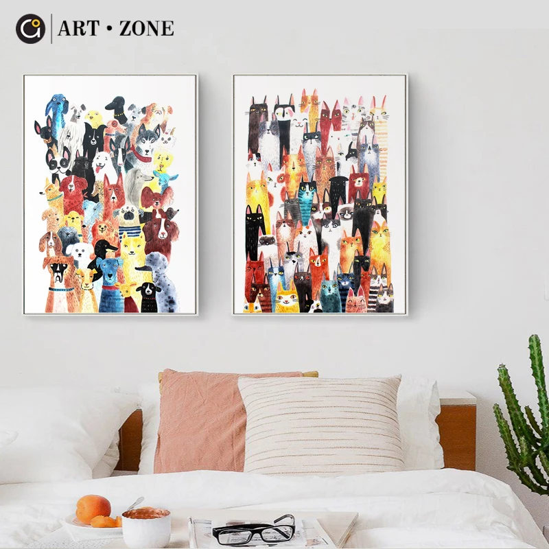 

ART ZONE Cat Dog Observe Nordic Canvas Painting Wall Art Prints Posters Wall Pictures Living Room Kids Room Home Decor Poster