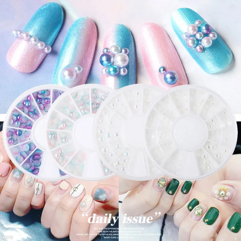 

Nail Beads Decoration Gradient Flat Bottom Studs Blue White 3/4/5/6mm Semi-circle Pearl rhinestones 3D Nail Art Decorations ##ZP