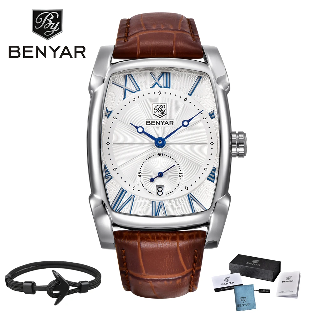 

2018 Luxury Brand BENYAR Leather Strap Men's Watches Sports Square Men Quartz watch Clock Military Wrsit Watch Relogio masculino