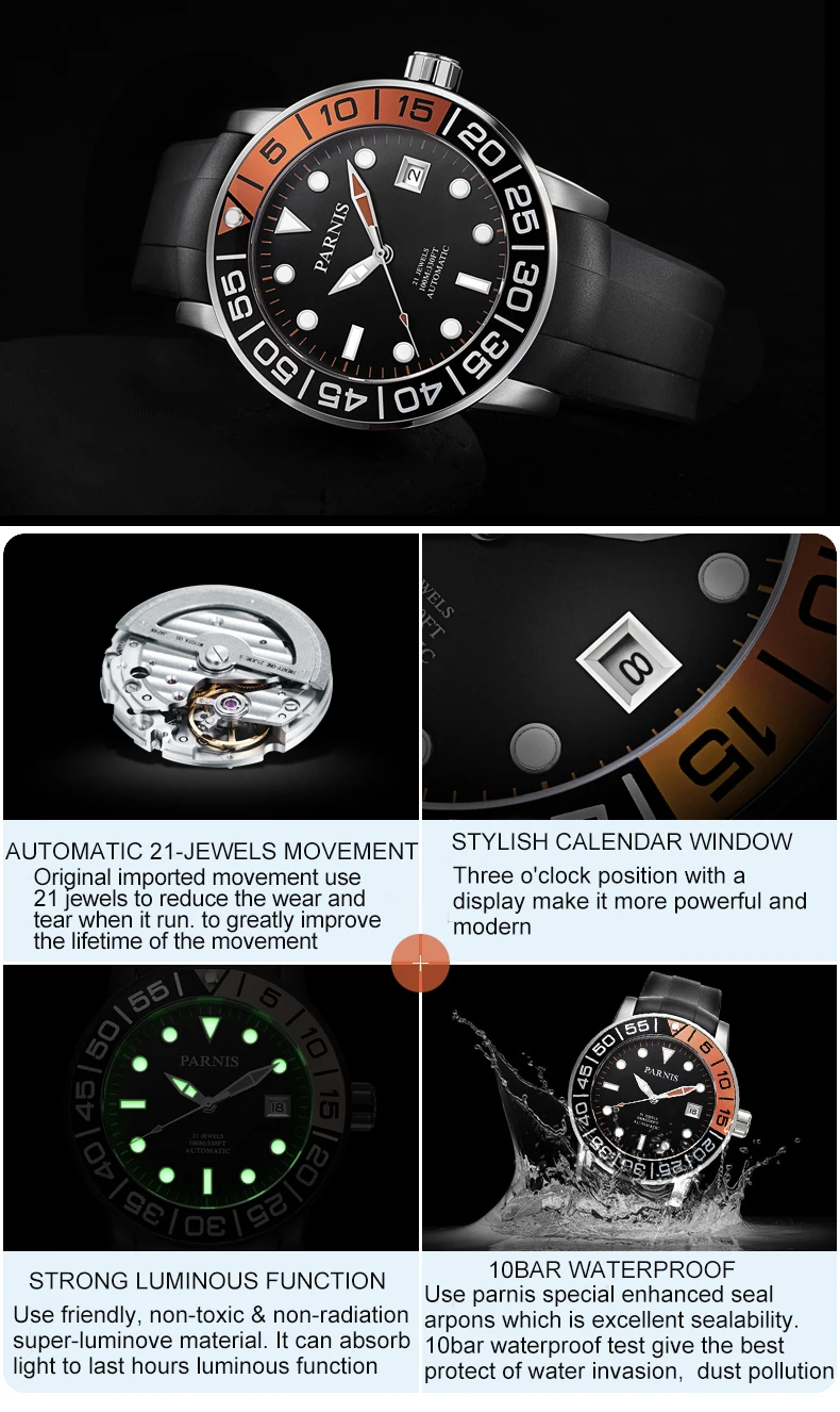 Parnis 42 мм повседневные автоматические мужские часы сапфировые Кристальные резиновые светящиеся авто-Дата механические часы мужские