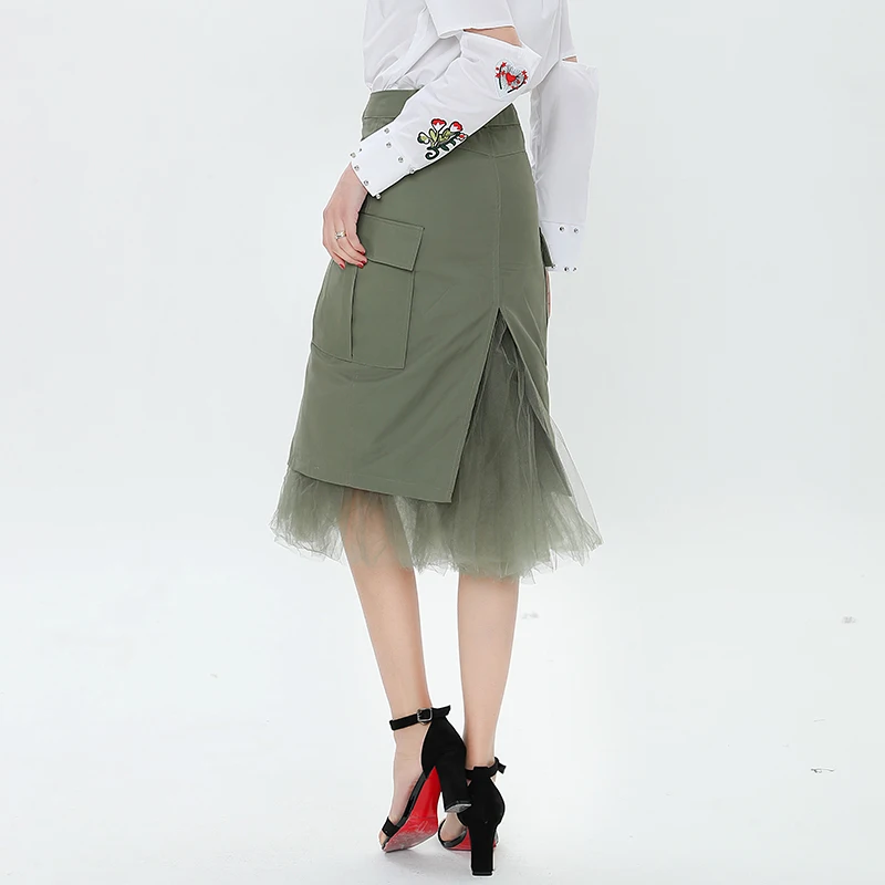 TWOTWINSTYLE лоскутное тюль юбки для женщин высокая талия Сплит Женская юбка с карманами армейский зеленый модная одежда корейский большой размер