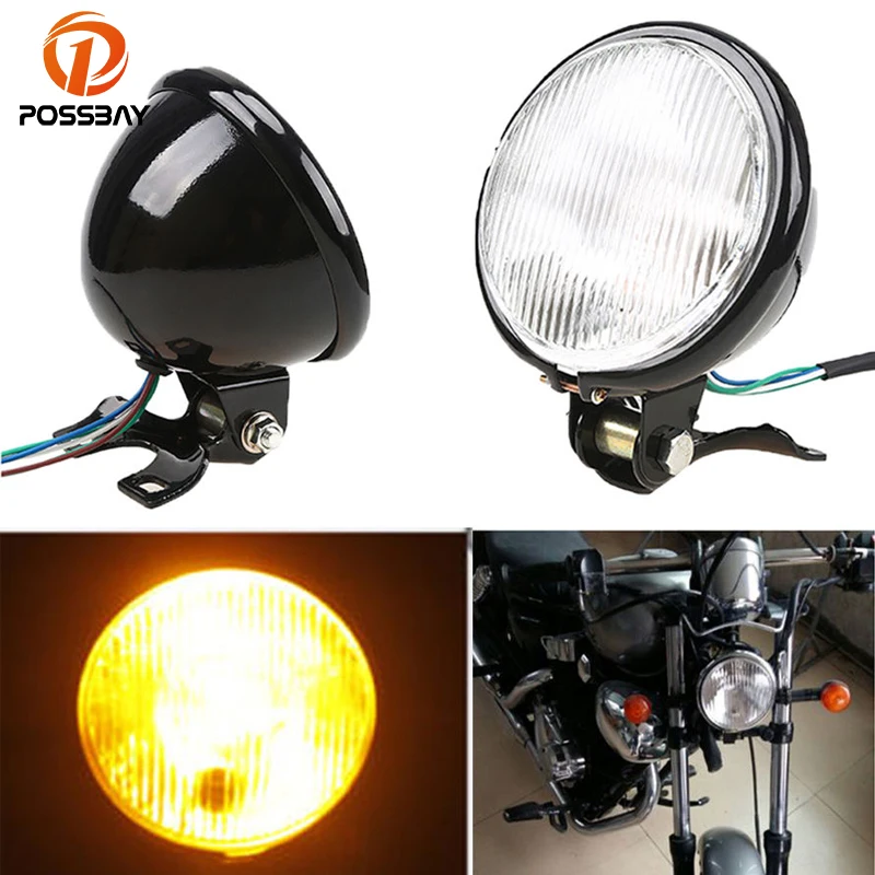 

POSSBAY Black 5" Motorcycle Headlight Amber Front Lamp Phare Moto For Harley Bobber Chopper Touring Motocross Cafe Racer Lights