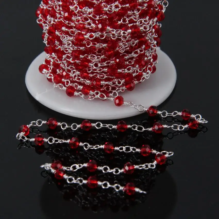 

5Meter,3x4mm,Red Glass Crystal Silver Chains,Brass Wire Wrapped Faceted Rondelle Rosary Chains Jewelry Necklace supplies