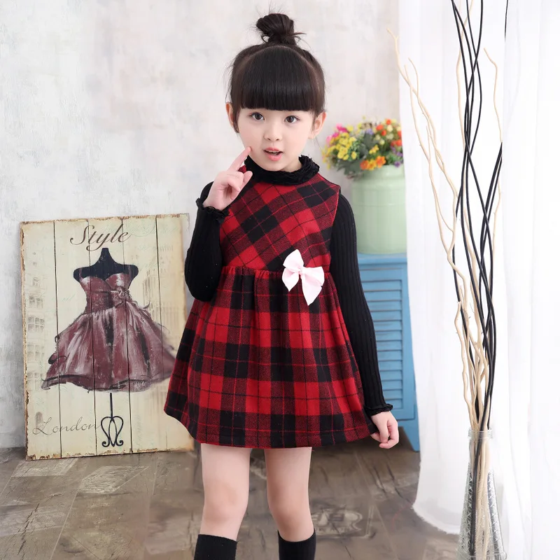 

Girls Spring and Autumn Winter Dress Cloth Sundress Children Cloth Tartan Jumper Dress