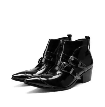 

Punk 2018 Fall Genuine Leather Men Ankle Boots Iron Rivet Pointed Toe Mens Military Cowboy Boots Horsehair Buckles Botas Hombre