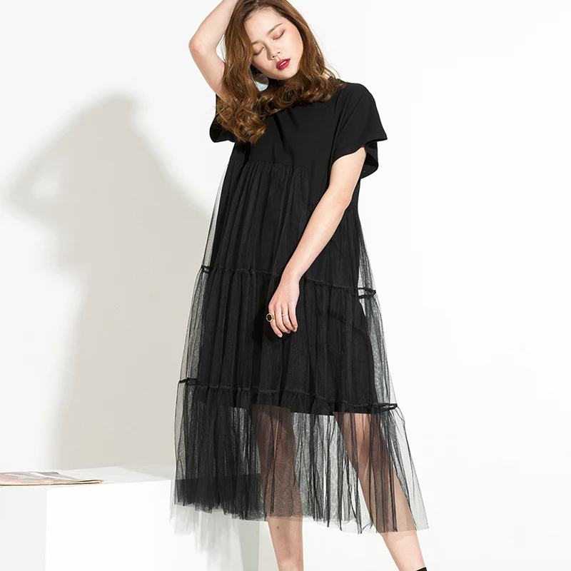 [EAM] autumn Trend New Large Size Long Big Size Net Yarn Spliced Black O-neck Short Sleeve Sexy mesh Dress Woman 5XL 3361