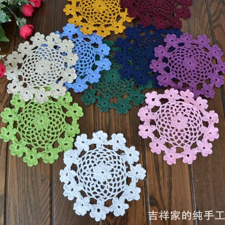

Free shipping ZAKKA lace flowers design 10 pic/lot 10 colors 13cm round dinning table tea pot holder photo props corchet doilies