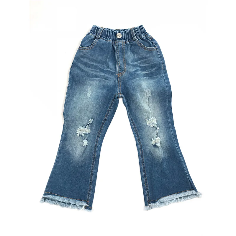 Джинсы с вырезами для девочек повседневные модные однотонные джинсы с дырками для джинсов декоративные рваные осенние штаны для детей от 4 до 14 лет