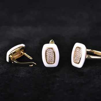 

Dazz White Ceramics Earrings&Rings Schmuck-Sets Gold Color Square Brincos Anel Ceramic Fine Stones Jewelry Present