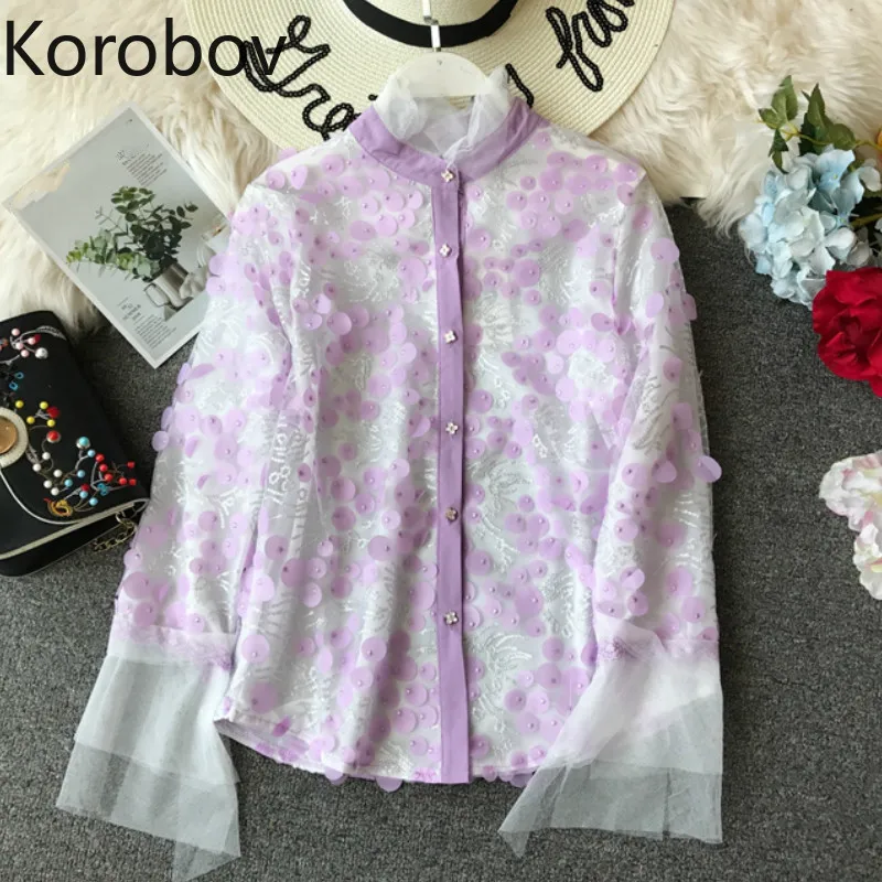 

Korobov 2019 Summer New Sequined Lace Perspective Women Shirts Flare Sleeve Stand Collar Sweet Korean Blouse Elegant Tops 77074