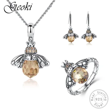 

Geoki 925 Sterling Silver Cute Princess Crystal Honeybee Shaped Ring&Drop Earrings 925 Original Bee Pendant Necklace Jewelry Set