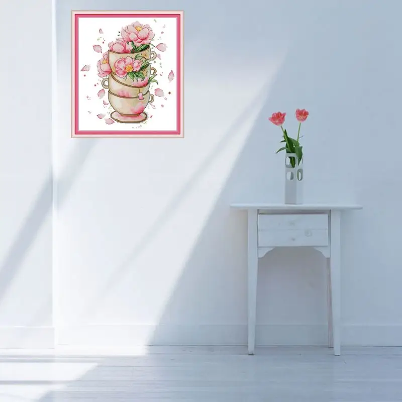 

Flower Coffee Cup DIY Handmade Needlework Counted 14CT Printed Cross Stitch Embroidery Kit Set Home Decoration