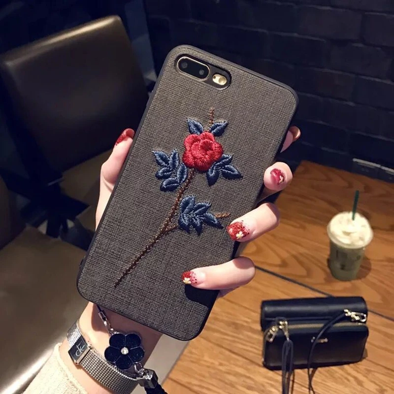 Guokos New Fashion 3D Rose Flower Embroidery Soft Silicone Case For iPhone X XS MAX XR Fabric iPhone6s 6 7 8 Plus Coque |