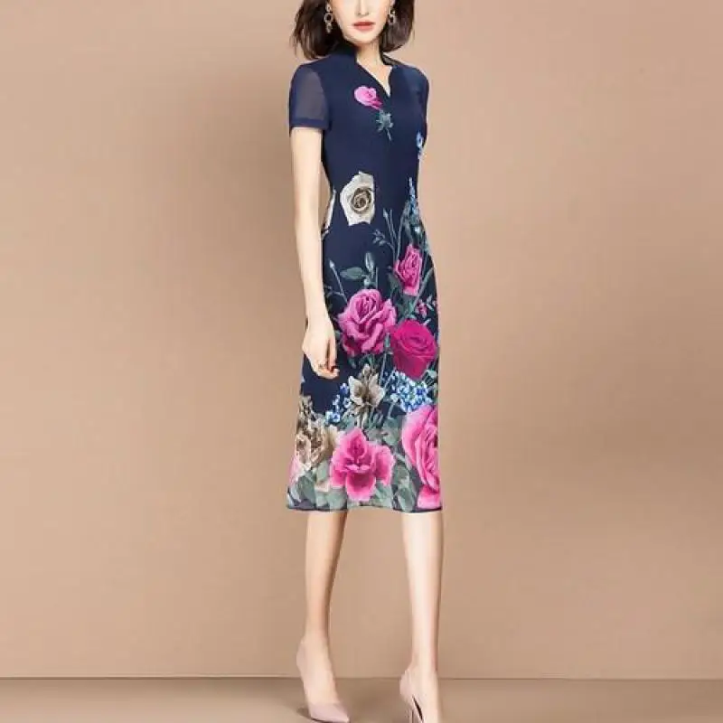 

New Women Vintage Office Dress 2019 Summer Floral Print V Neck Slim Elegant Pencil Bodycon Dresses Ladies Work Wear Long Robe