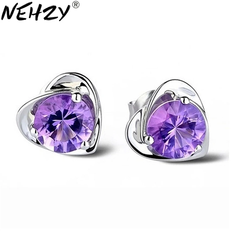 

fashion Silver jewelry heart-shaped Purple crystal earrings female models wild fashion jewelry retro cute super flash